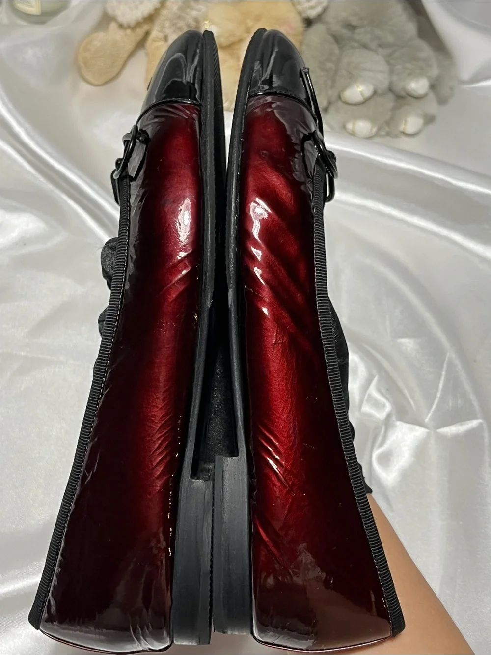 CHANEL Two-Tone Burgundy and Black Cap-Toe Ballerinas